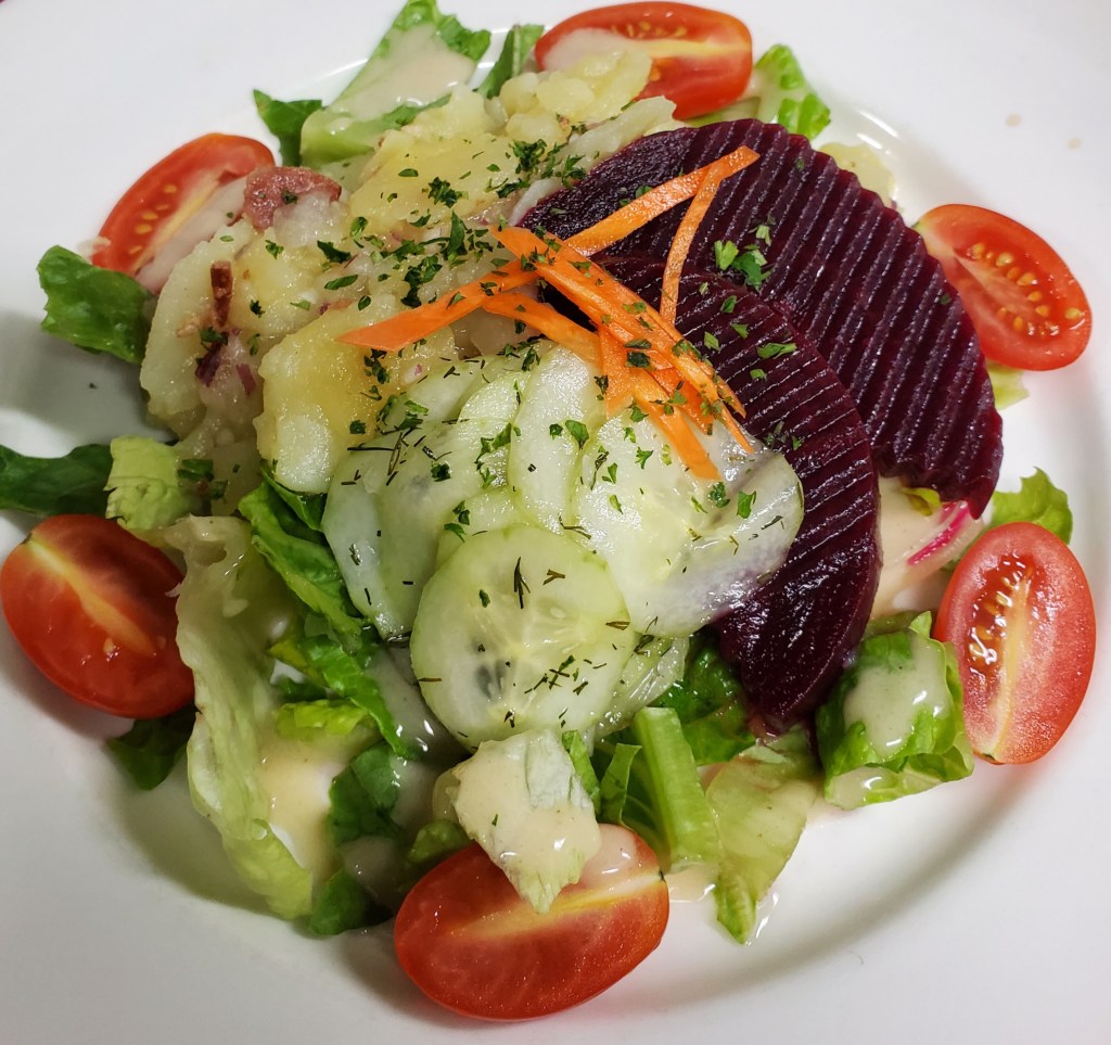 Gemischte Salat Teller: Combination Plate of German Potato Salad, Cucumber Salad, Beet Salad and Fresh Greens . . . A Spring Favorite! 13.95